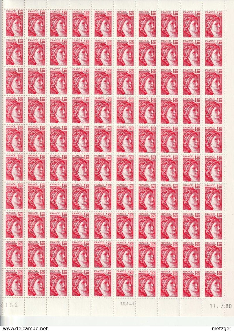 Feuille Complète De 100 Timbres Du N° 2102a Sabine 1f40 Rouge G.T. - Feuilles Complètes