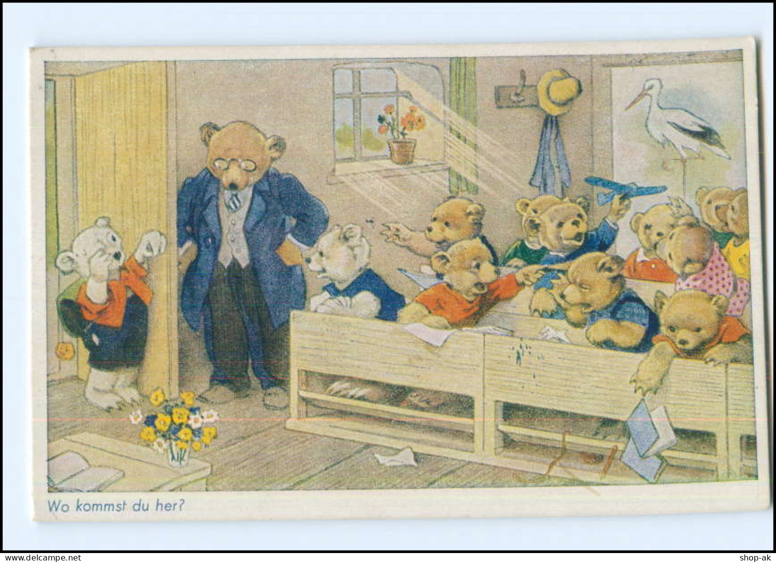 V530/ Fritz Baumgarten  Teddy  Schule  "Wo Kommst Du Her?" AK Ca.1940 - Baumgarten, F.