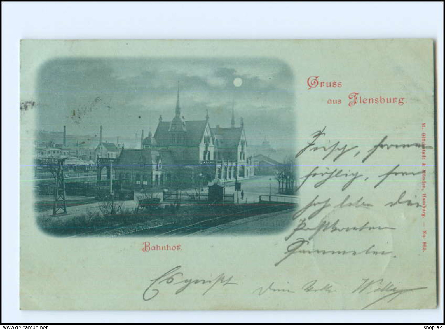 XX009952/ Gruß Aus Flensburg Bahnhof Mondschein AK 1898 - Flensburg