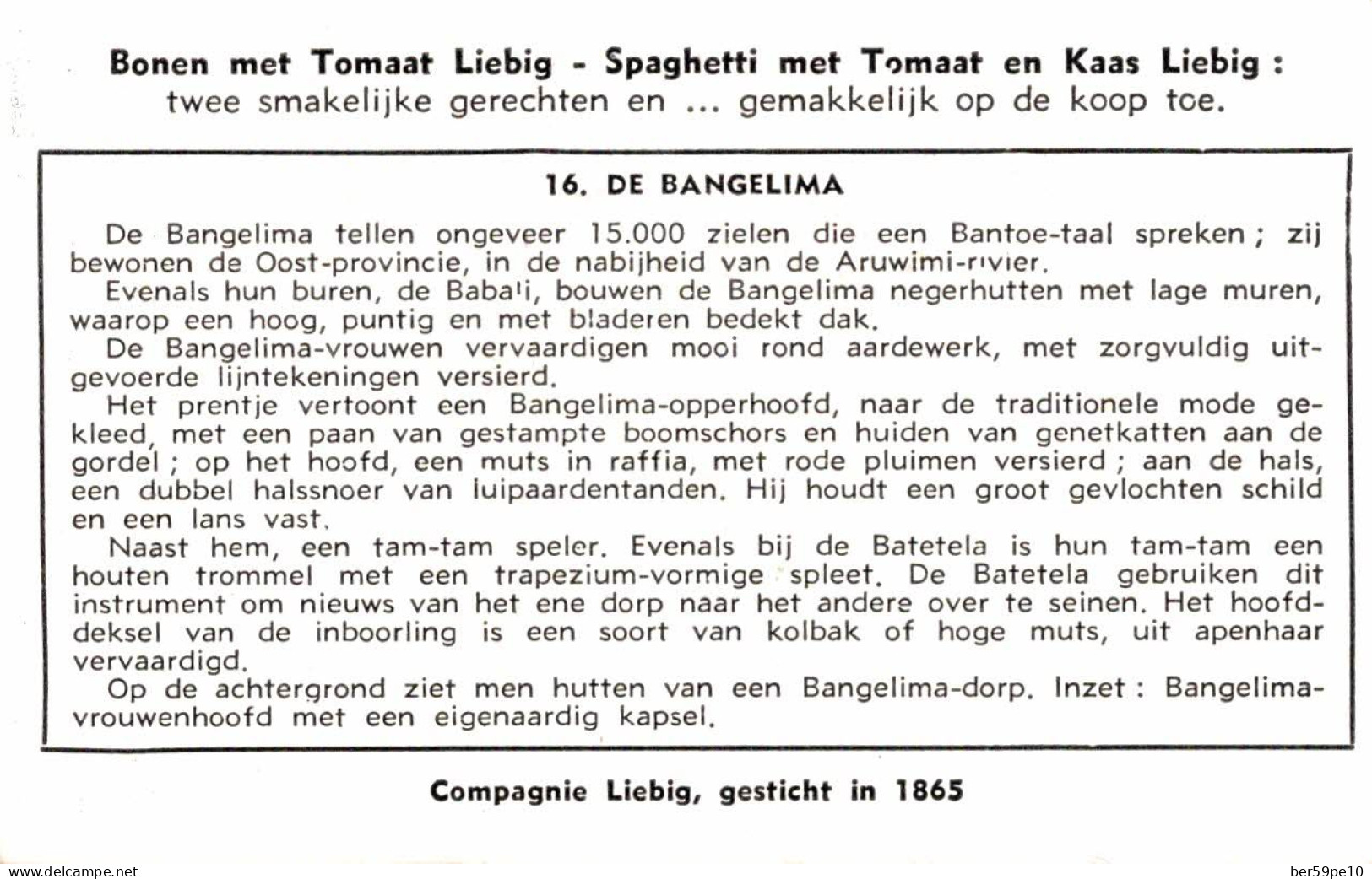 CHROMO COMPAGNIE LIEBIG VOLKSSTAMMEN VAN BELGISCH KONGO N°16 DE BANGELIMA - Liebig