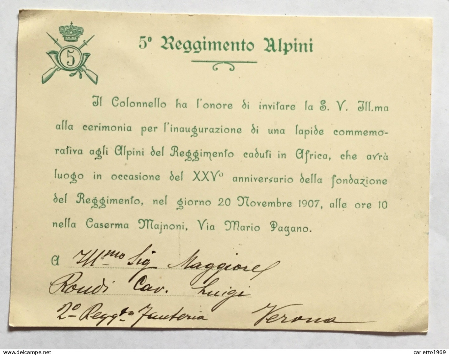 5 REGGIMENTO ALPINI INVITO PER LAPIDE COMMEMORATIVA A MILANO CADUTI AFRICA 1907 - CM. 14X10,5 - Documentos