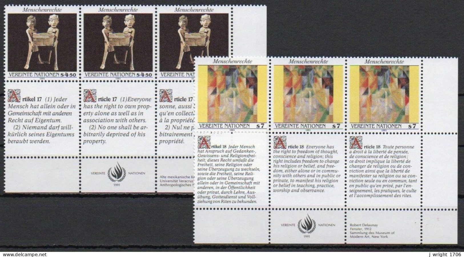 UN/Vienna, 1991, Human Rights, Set/Article 17 & 18 X 3 Languages Joined Pair, MNH - Unused Stamps