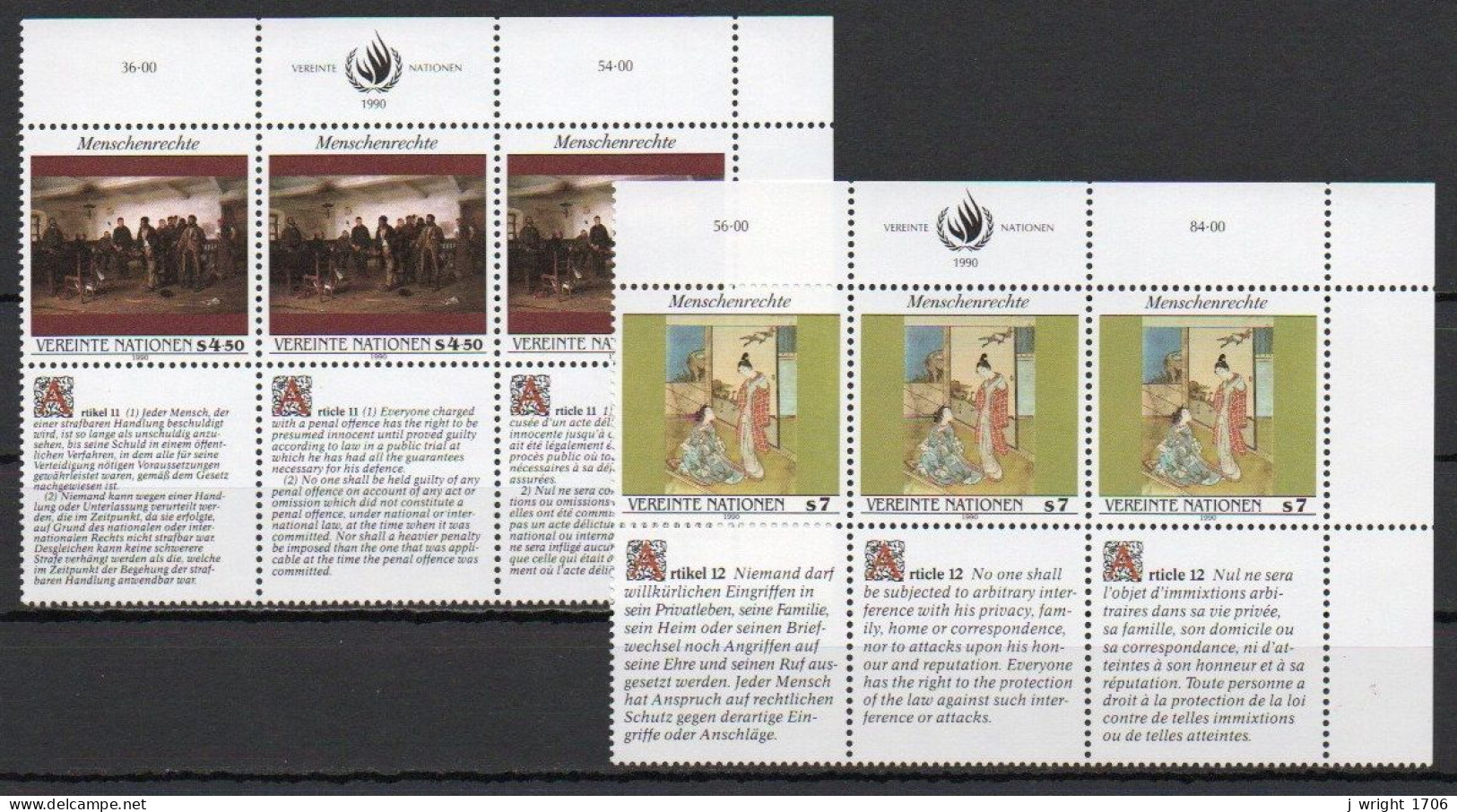 UN/Vienna, 1990, Human Rights, Set/Article 11 & 12 X 3 Languages Joined Pair, MNH - Nuovi