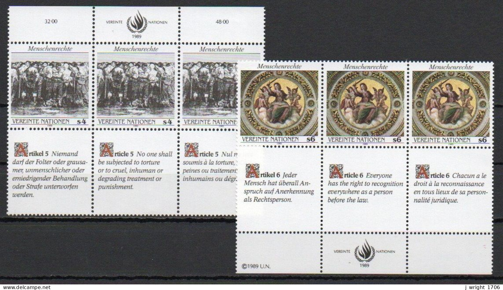 UN/Vienna, 1989, Human Rights, Set/Article 5 & 6 X 3 Languages Joined Pair, MNH - Nuovi