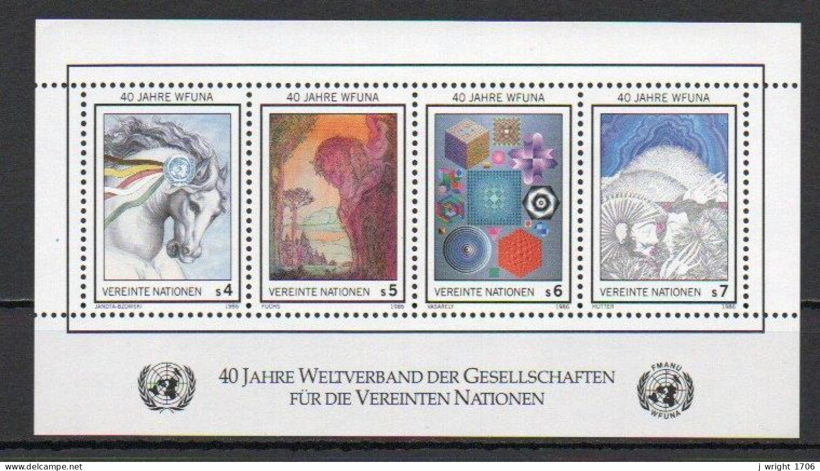 UN/Vienna, 1986, WFUNA 40th Anniv, Block, MNH - Blocks & Sheetlets