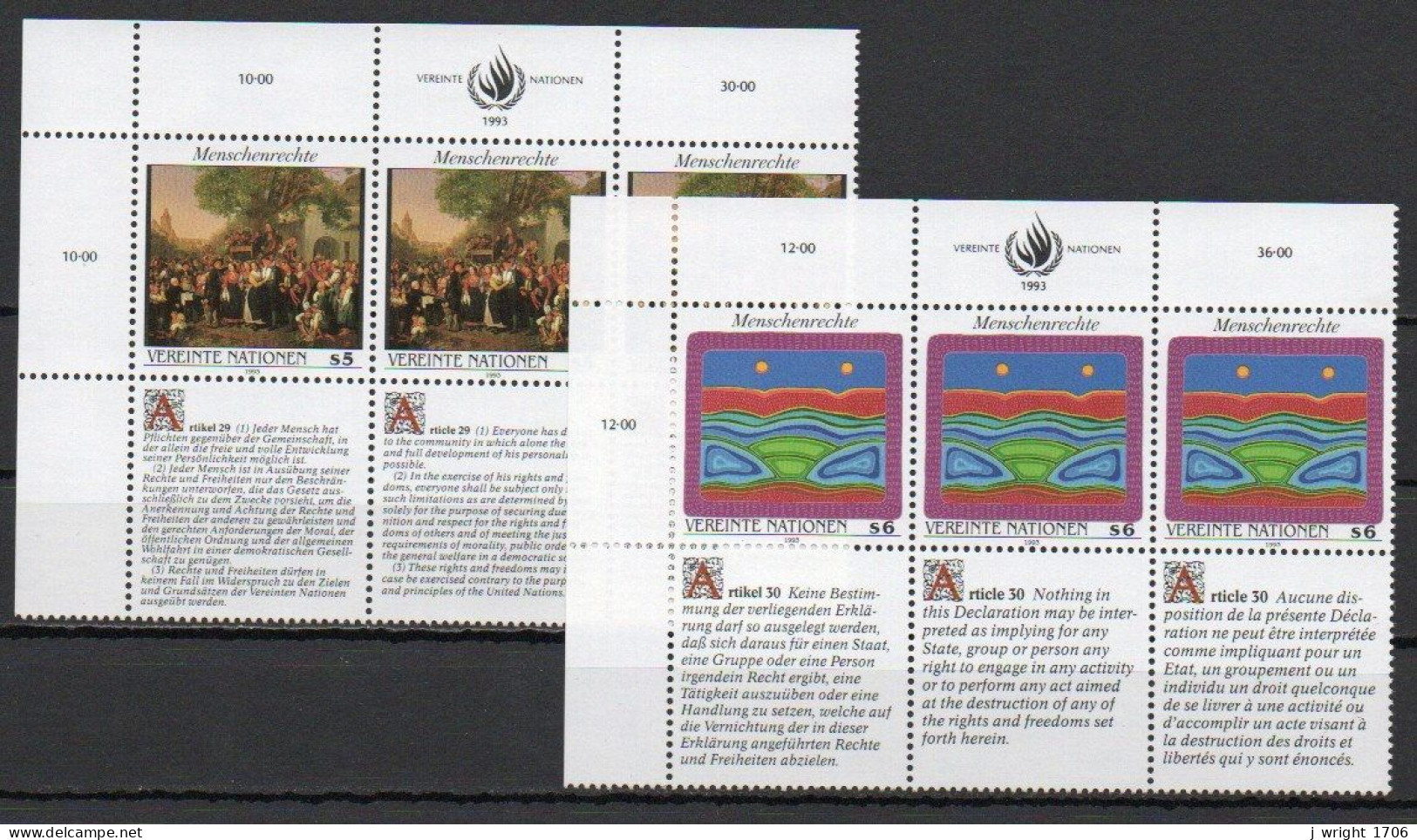 UN/Vienna, 1993, Human Rights, Set/Article 29 & 30 X 3 Languages Joined Pair, USED - Nuovi