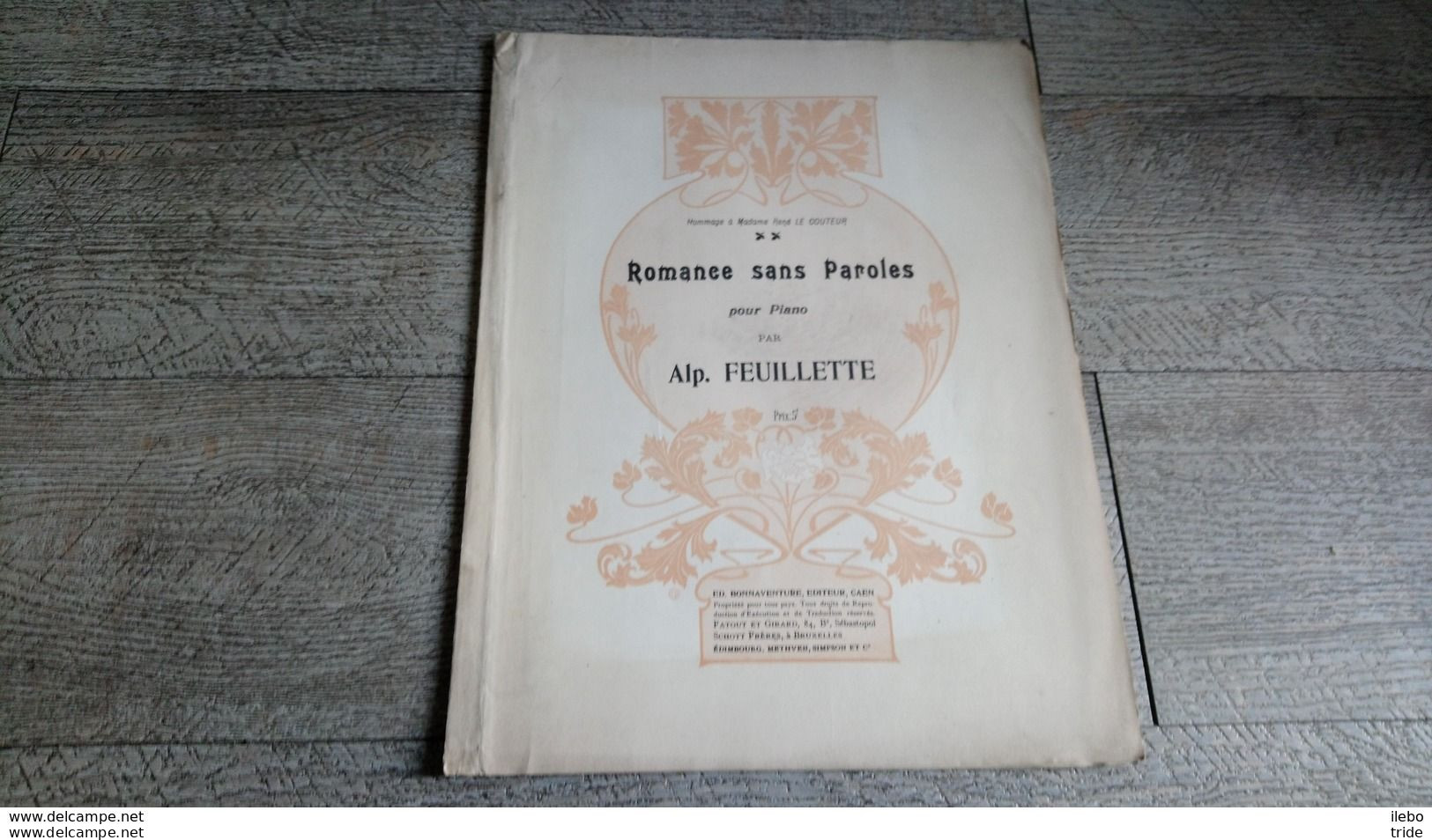 Partition Ancienne Romance Sans Paroles Pour Piano Par Feuillette à Mme Le Couteur - Spartiti