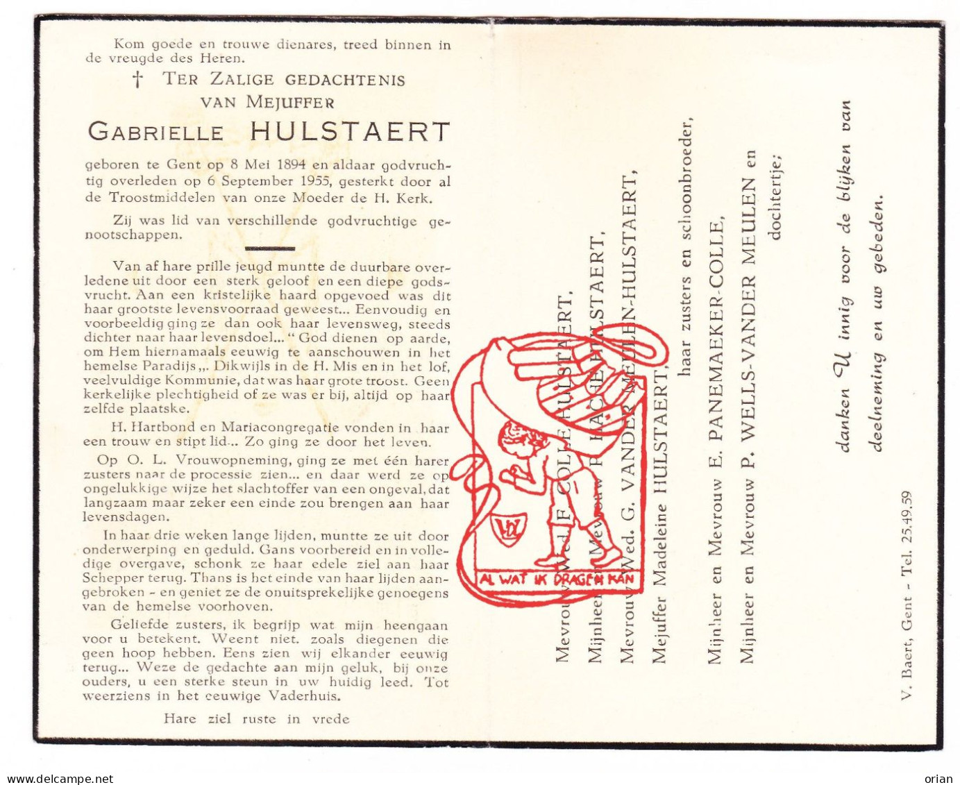 DP Juff. Gabrielle Hulstaert ° Gent 1894 † 1955 Colle Haché Vandermeulen Panemaeker Wells - Images Religieuses