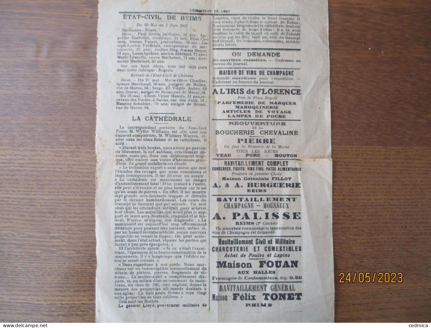 L'ECLAIREUR DE L'EST REIMS RUE DU CLOÎTRE JOURNAL DU JEUDI 7JUIN 1917 UNE FEUILLE - Français