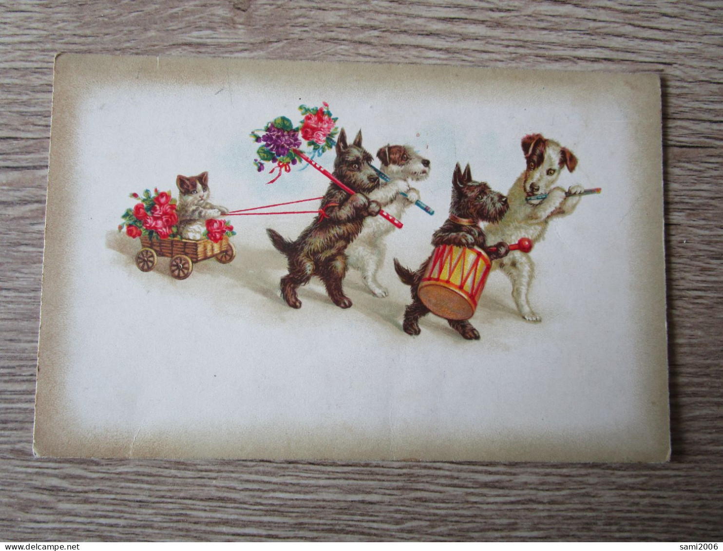 FANTAISIE ILLUSTREE CHIENS CHAT HUMANISES TAMBOUR CHARRETTE FLEURS - Dressed Animals