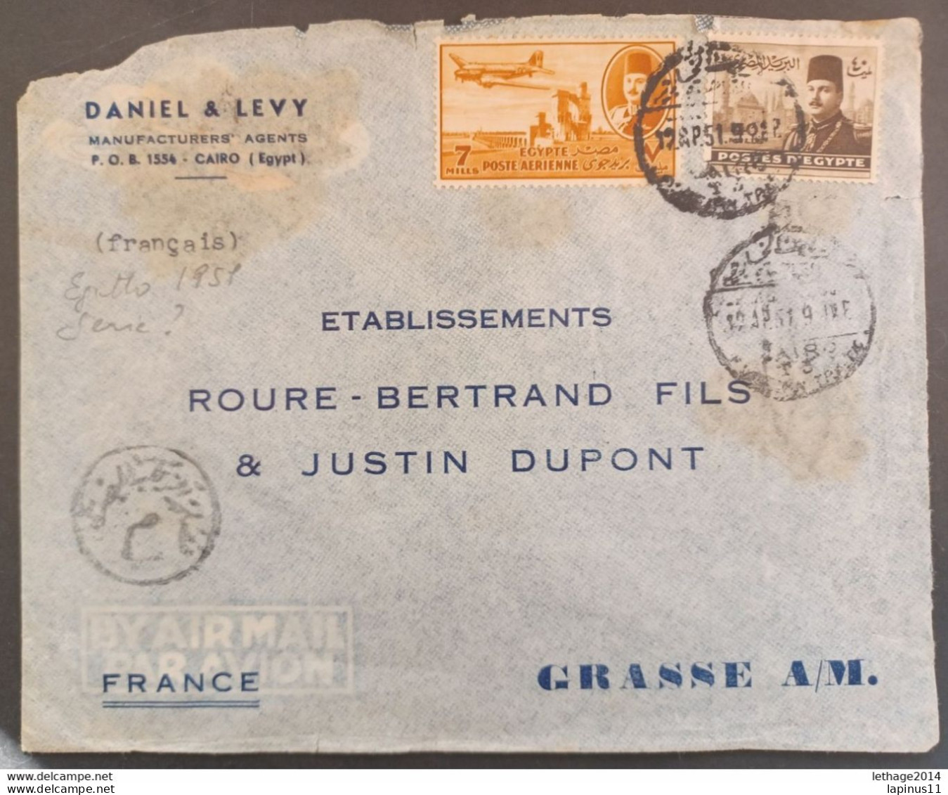 EGYPT مصر EGITTO 1951 KING FUAD COVER ETABLYSSMENTS FINANCIAL CAIRO TO GRASSE FRANCE - Luftpost