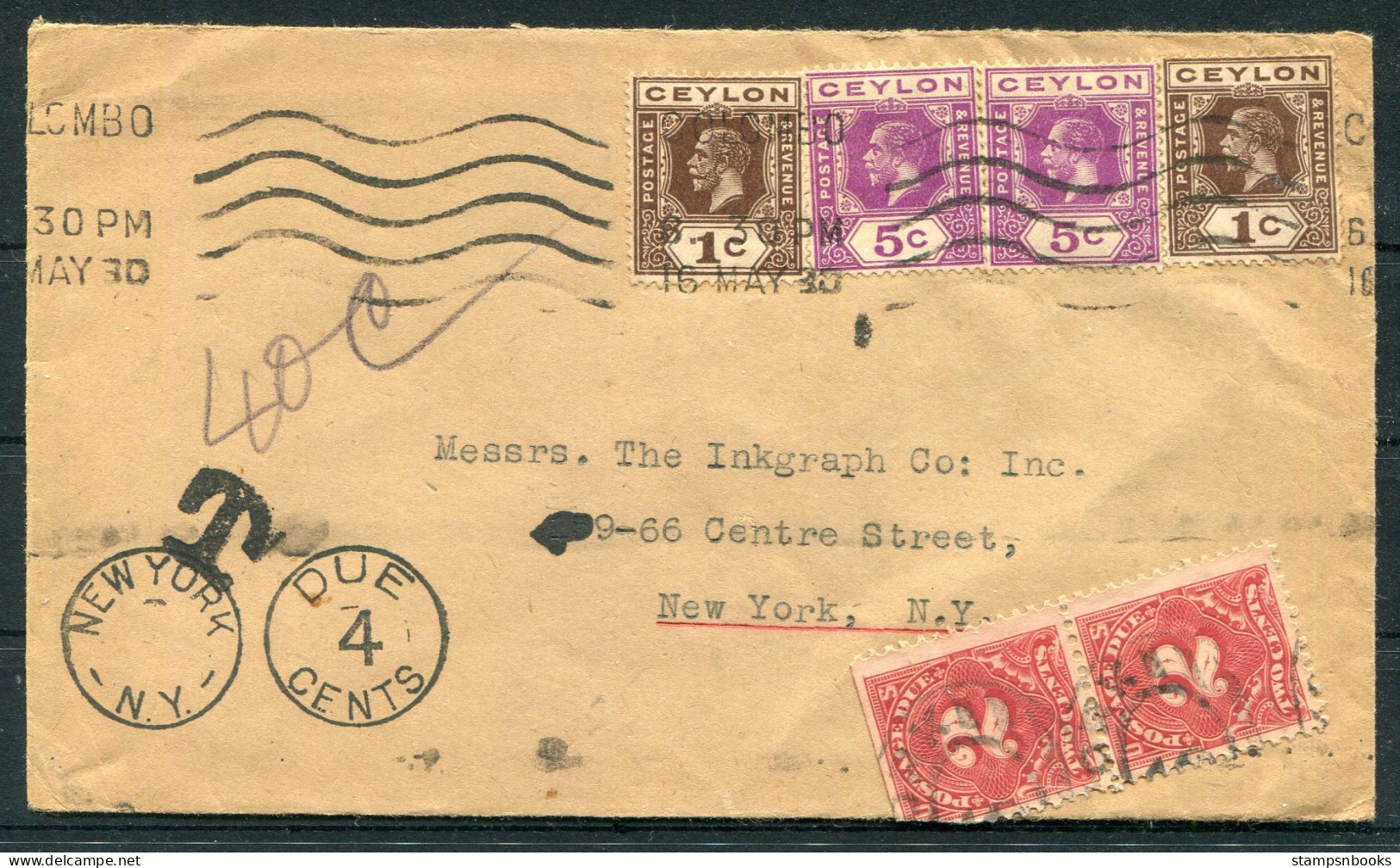 1930 Ceylon Colombo Postage Due, Taxe Cover - The Inkgraph Co. New York USA - Ceylon (...-1947)