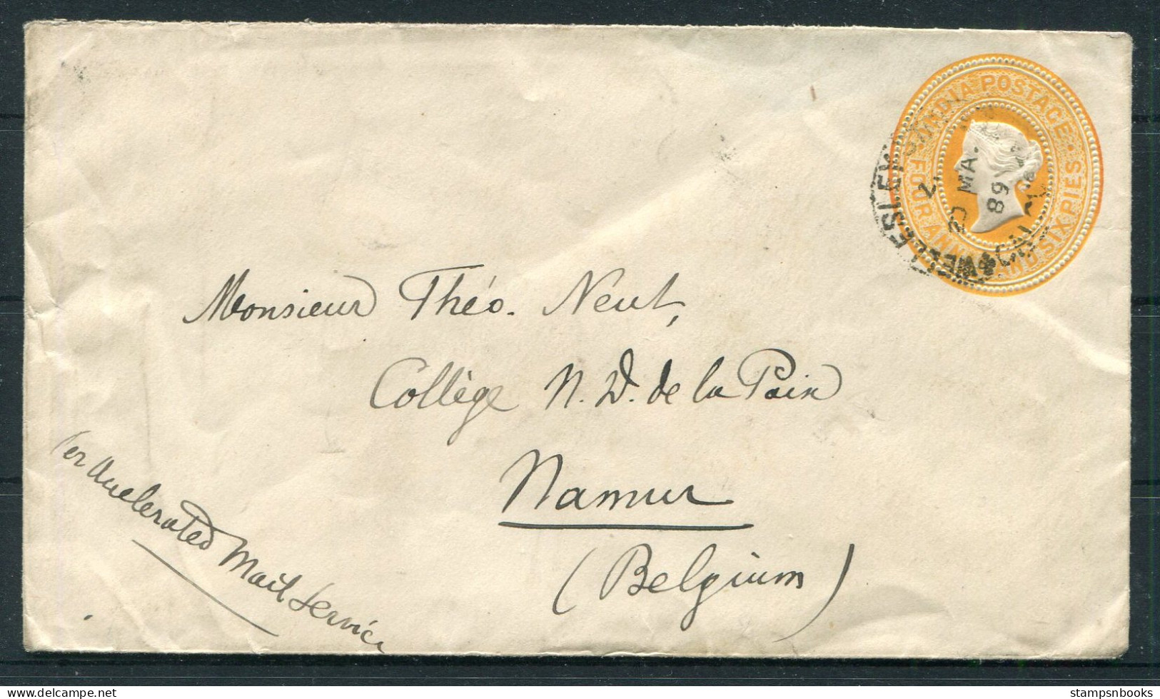 1898 India Stationery Cover Calcutta - Namur Beligium Via Sea Post Office + Brindisi - 1882-1901 Empire