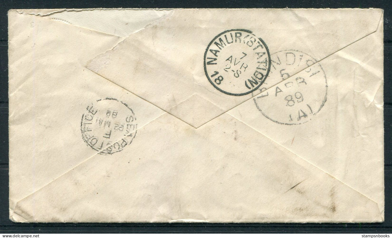 1898 India Stationery Cover Calcutta - Namur Beligium Via Sea Post Office + Brindisi - 1882-1901 Imperio