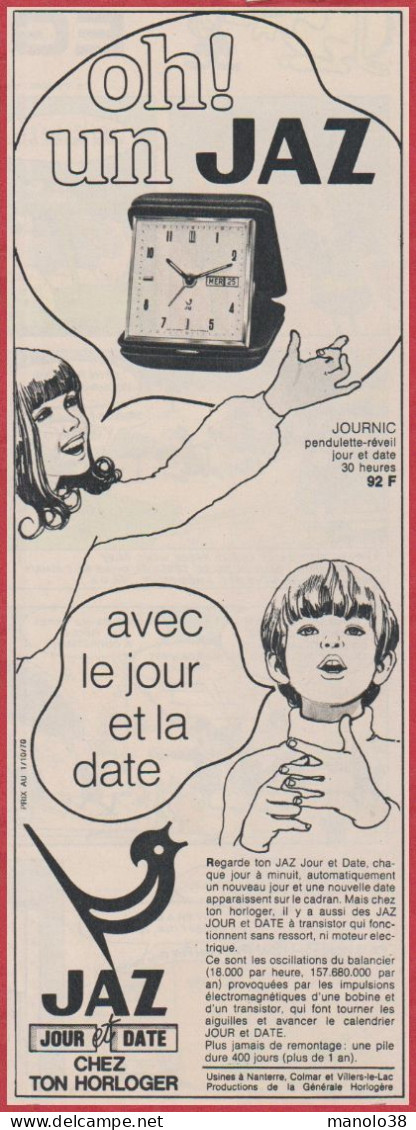 Jaz. Journic. Pendule Réveil Date Et Heure. Horlogerie. 1970. - Publicités