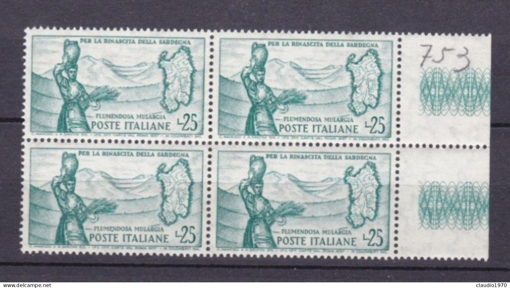 ITALIA - REPUBBLICA  - QUARTINA - 25 L. - Donna Sarda E Cartina Della Sardegna - 1958 -  (31) - 1946-60: Mint/hinged