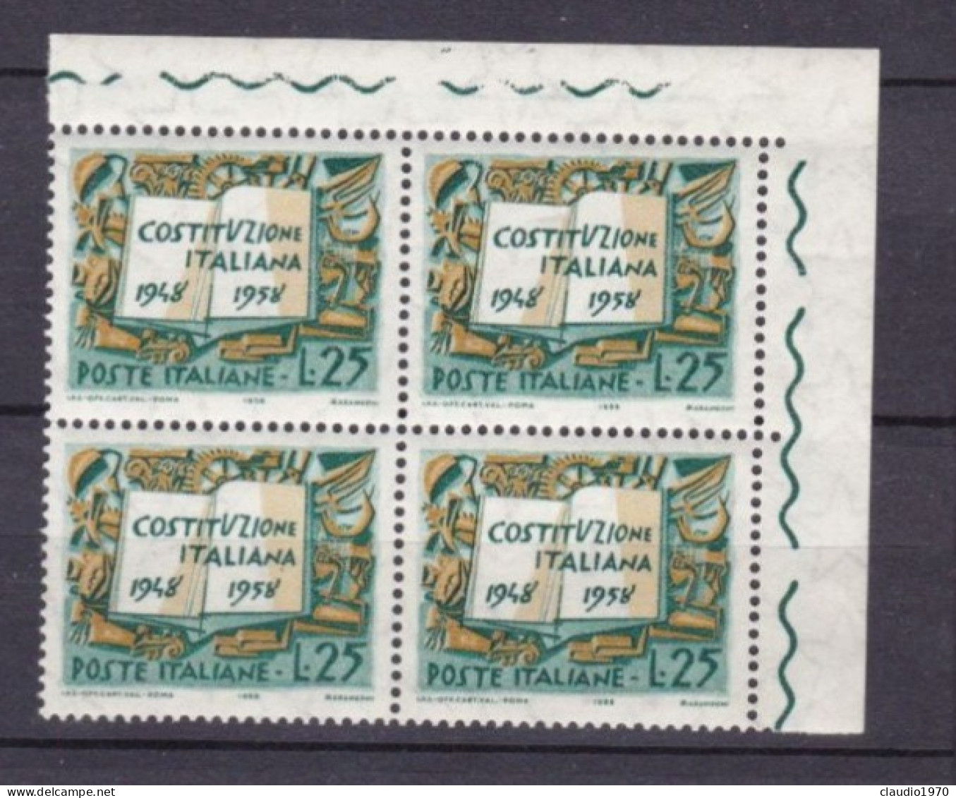 ITALIA - REPUBBLICA  - QUARTINA - 25 L. - Costituzione Italiana E Simboli Del Lavoro- 1958 -  (32) - 1946-60: Nieuw/plakker
