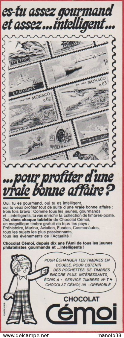 Le Chocolat Cémoi Offre Des Timbres Poste Du Monde Dans Chaque Tablette. 1970. - Advertising