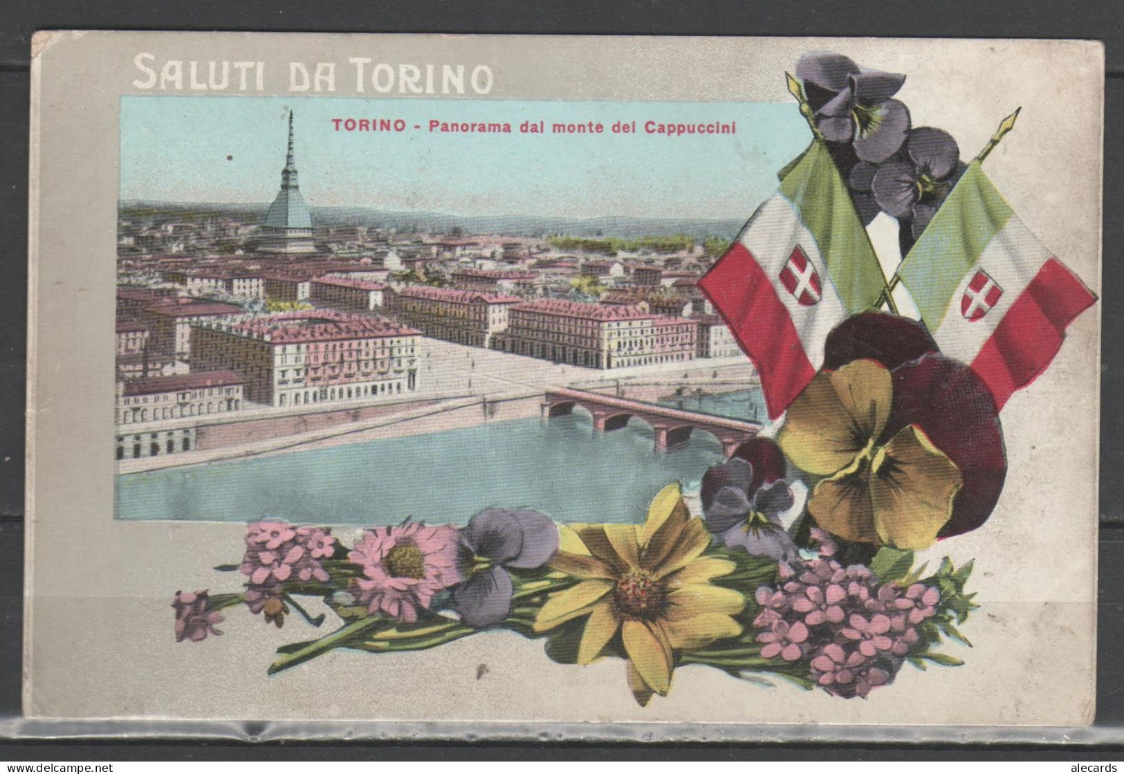 Torino - Saluti Da Torino - Panorama Dal Monte Dei Cappuccini Con Bandiere E Fiori - Multi-vues, Vues Panoramiques