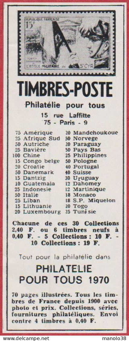 Timbres Poste. Philatélie Pour Tous. 15, Rue Laffite Paris. 1970. - Publicidad