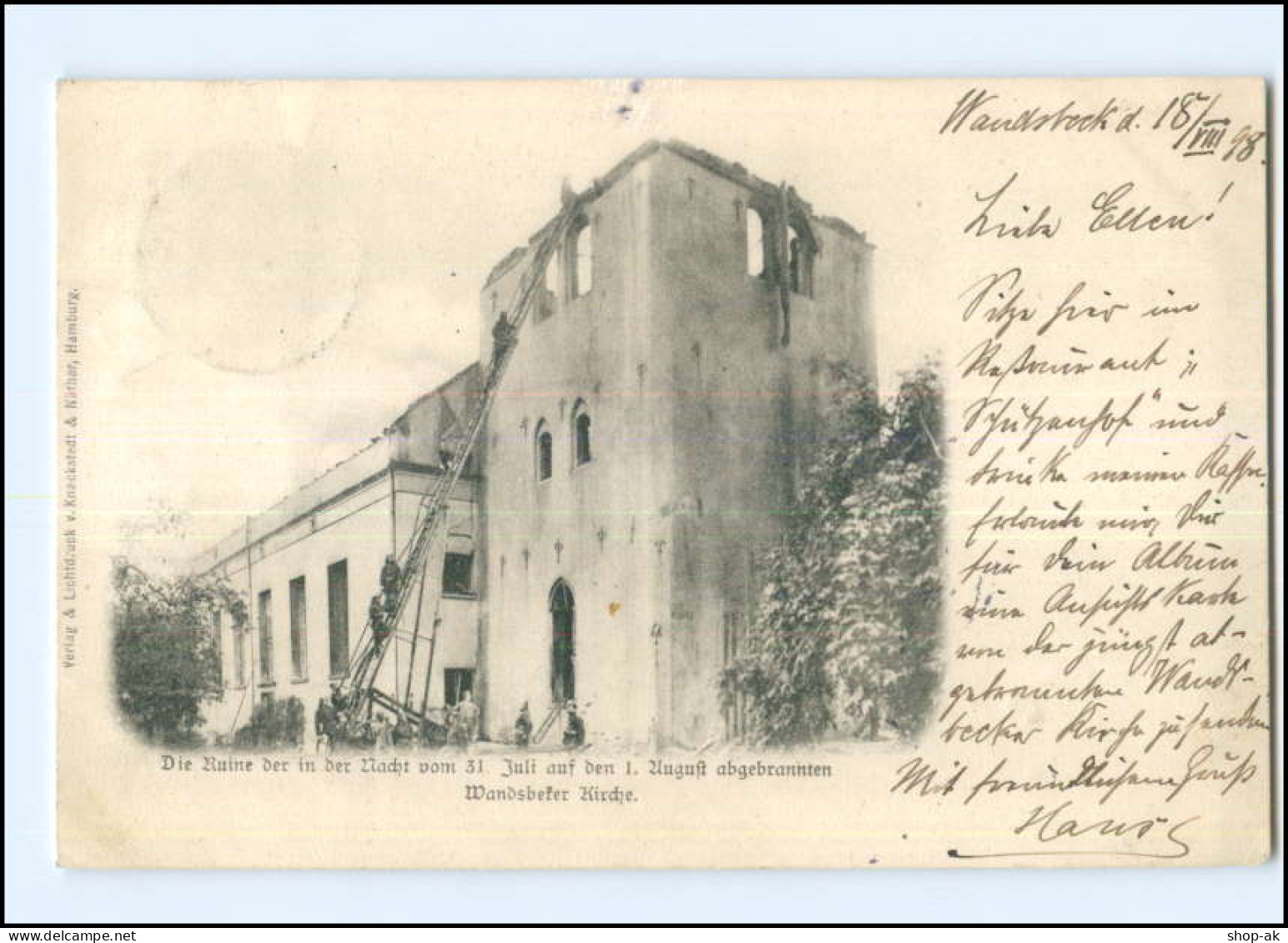 XX003005/ Hamburg Wandsbek Kirche Feuer 31.7.1898 AK Feuerwehr  - Wandsbek