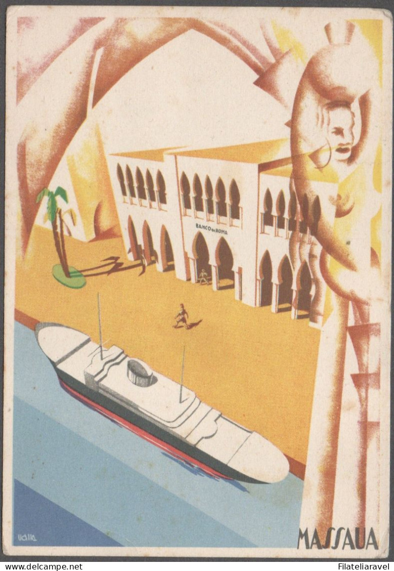 ETIOPIA- 1936 -  - Cartolina  Illustrata " Massaua Banco Di Roma " Viaggiata Da Addis Abeba A Napoli - Ethiopie
