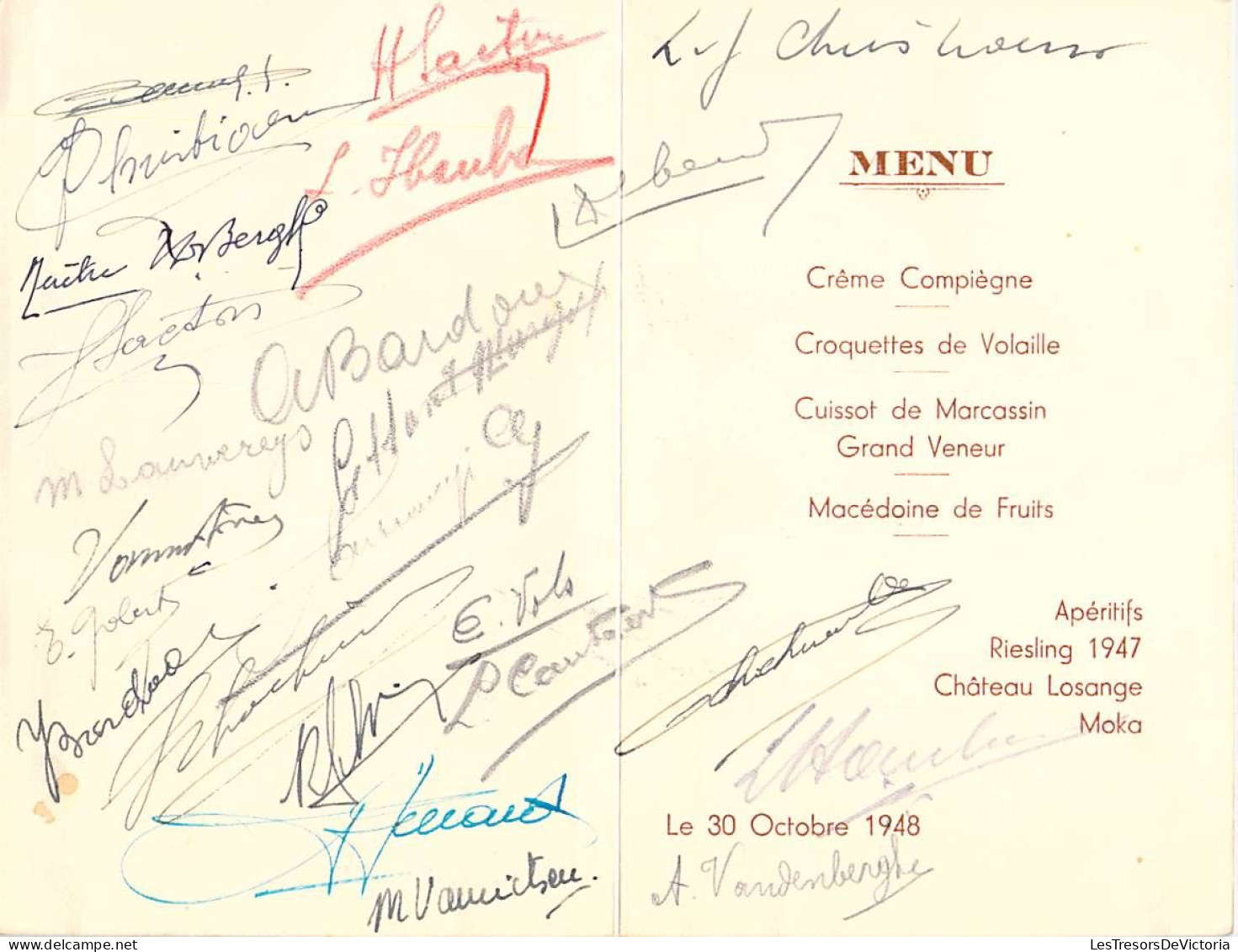 Menus Le Grenier Du Mail - Le 30 Octobre 1948 - Signature Des Convives - Menus