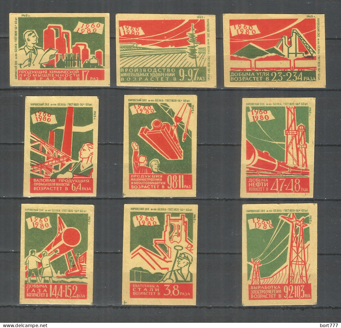 RUSSIA USSR 1962 Matchbox Labels 9v - Plans 1960-1980 Years - Luciferdozen - Etiketten