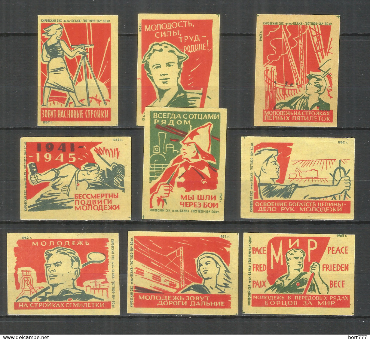 RUSSIA USSR 1962 Matchbox Labels 9v - Youth Construction Projects - Scatole Di Fiammiferi - Etichette