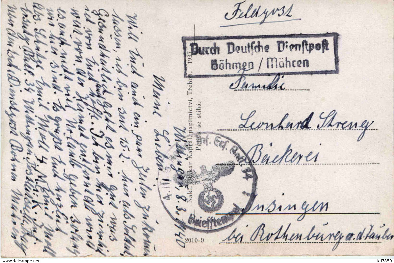 Trebon - Brezanova Ulice- Deutche Dienstpost Böhmen/Mähren - 3. Reich - Boehmen Und Maehren