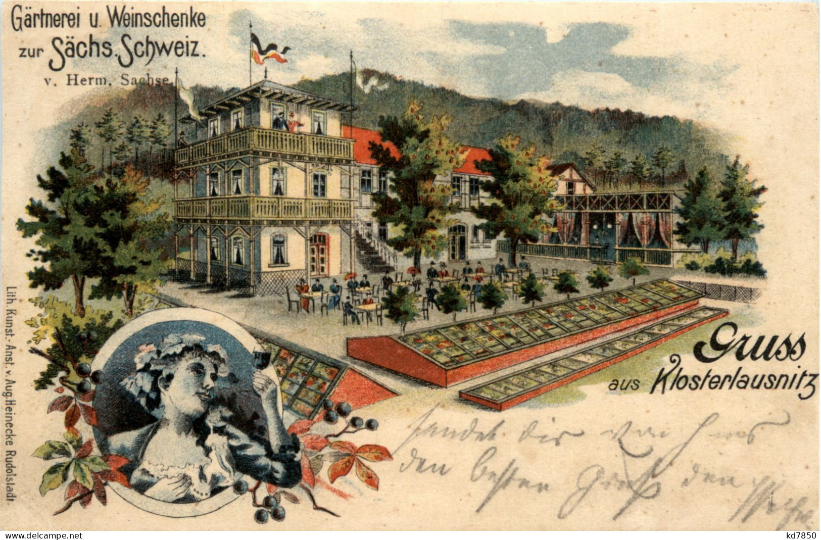 Gruss Aus Klosterlausnitz - Gärtnerei Und Weinschänke Zur Sächs. Schweiz - Litho - Bad Klosterlausnitz