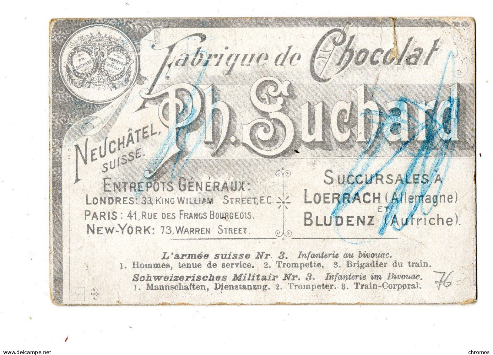 Chromo Chocolat Suchard, S 76 / 3, Militaire Suisse, Infanterie - Suchard