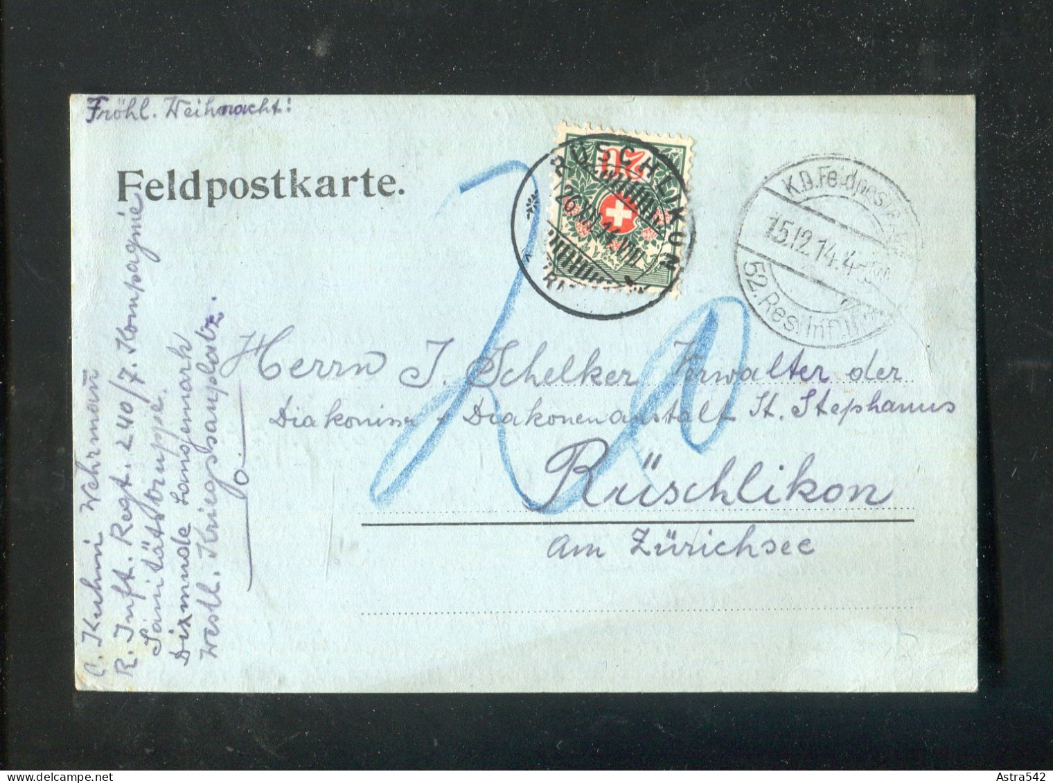 "SCHWEIZ" 1914, Nachportomarke Auf Feldpostkarte Ex Deutschland (A1108) - Segnatasse