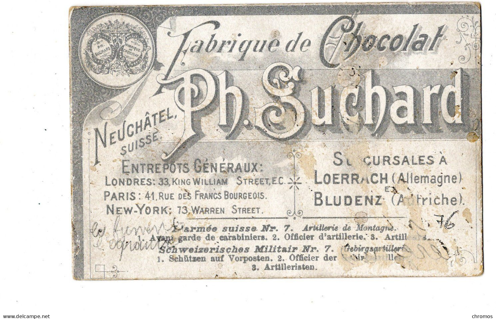 Chromo Chocolat Suchard, S 76 / 7, Militaire Suisse, Artillerie De Montagne - Suchard