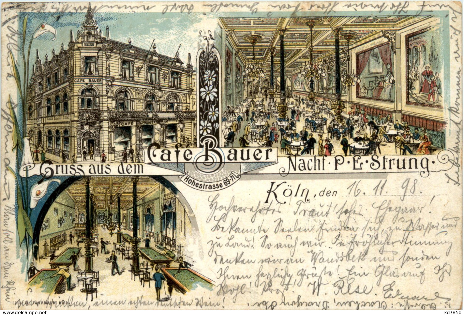 Köln - Gruss Aus Dem Cafe Bauer - Billard -Litho 1897 - Koeln