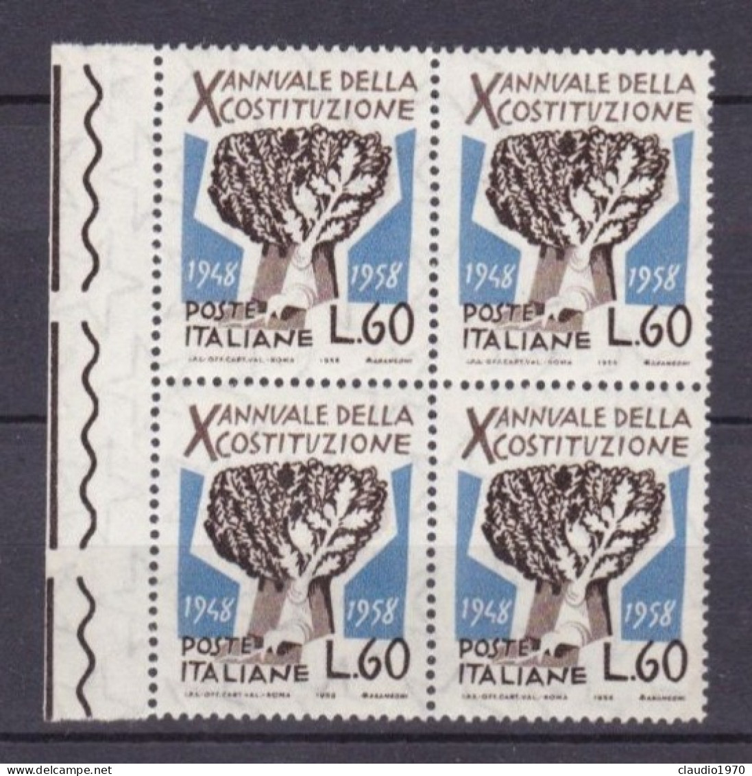 ITALIA - REPUBBLICA  - QUARTINA - 60 L. - Quercia - 1958 - Decennale Della Costituzione Italiana- 1958 -  (33) - 1946-60: Mint/hinged