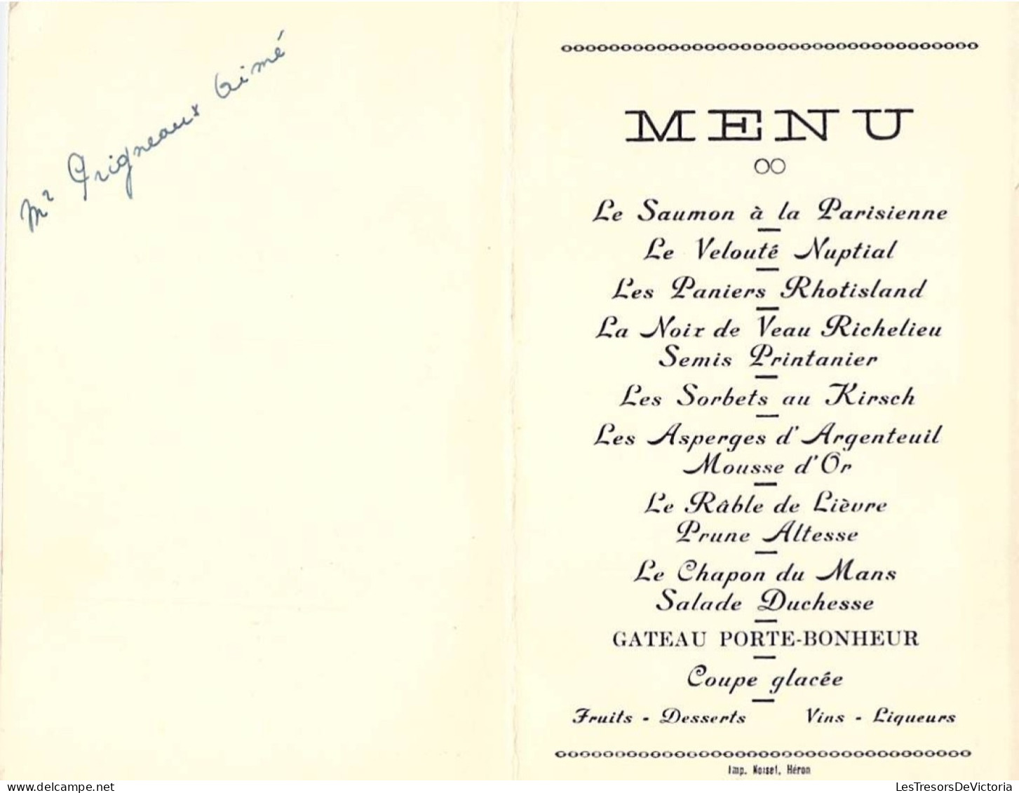 Menus Guislaine Et Lucien Unis à Waret L'évêque Le 22 Mais 1948 - Menu