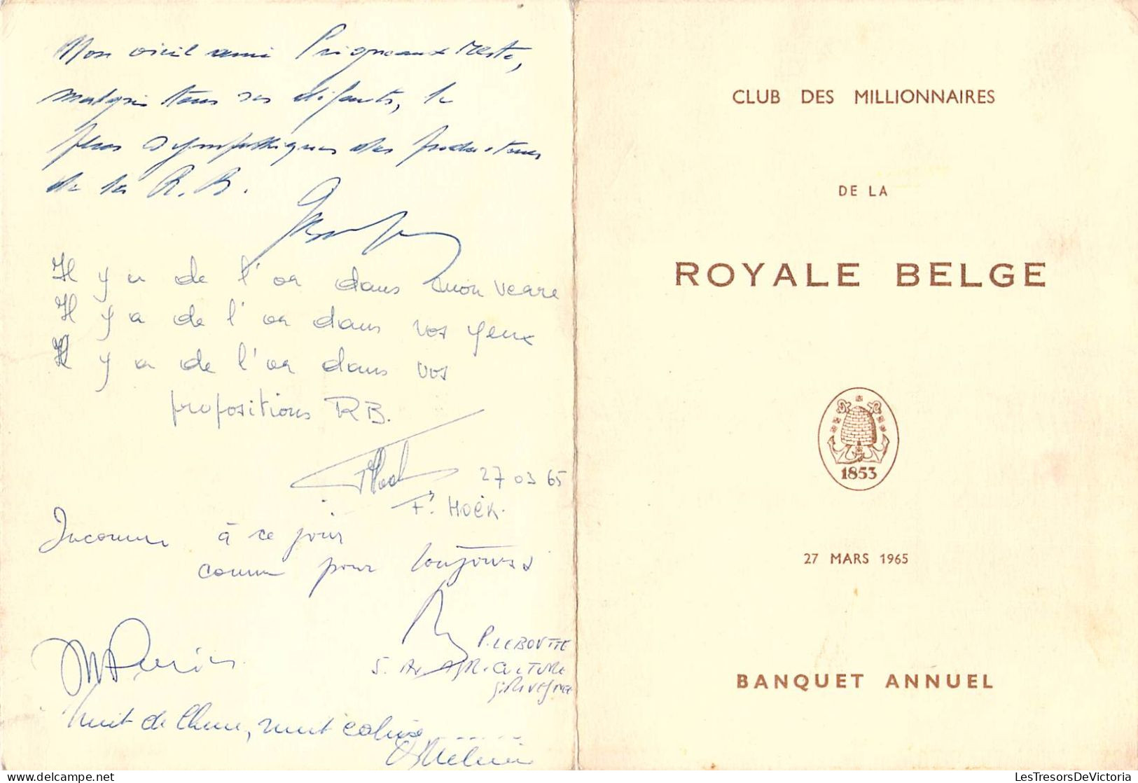 Menus Club Des Millionnaires De La Royale Belge - 27 Mars 1965 - Banquet Annuel - Dédicace Des Membres - Menu