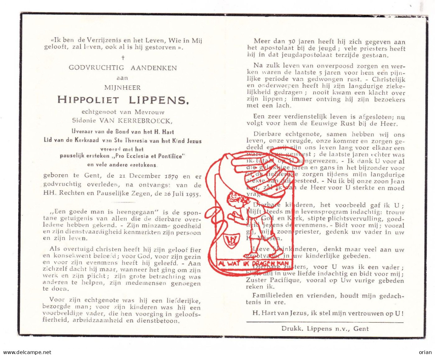 DP Hippoliet Lippens ° Gent 1879 † 1955 X Sidonie Van Kerrebroeck - Images Religieuses