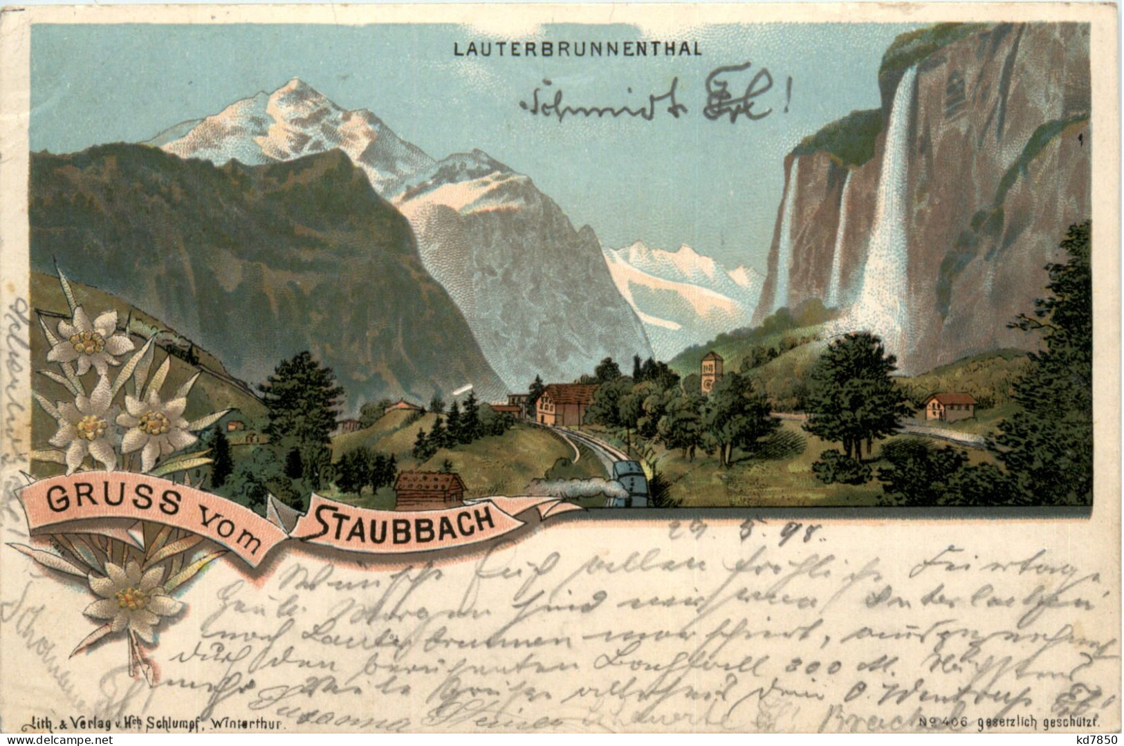 Lauterbrunnen - Gruss Vom Staubbach - Litho - Lauterbrunnen
