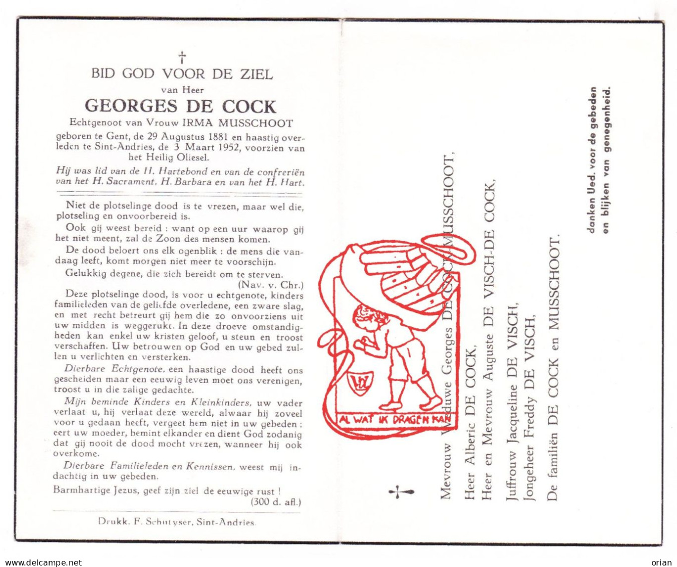 DP Georges De Cock ° Gent 1881 † Sint-Andries Brugge 1952 X Irma Musschoot // De Visch - Images Religieuses