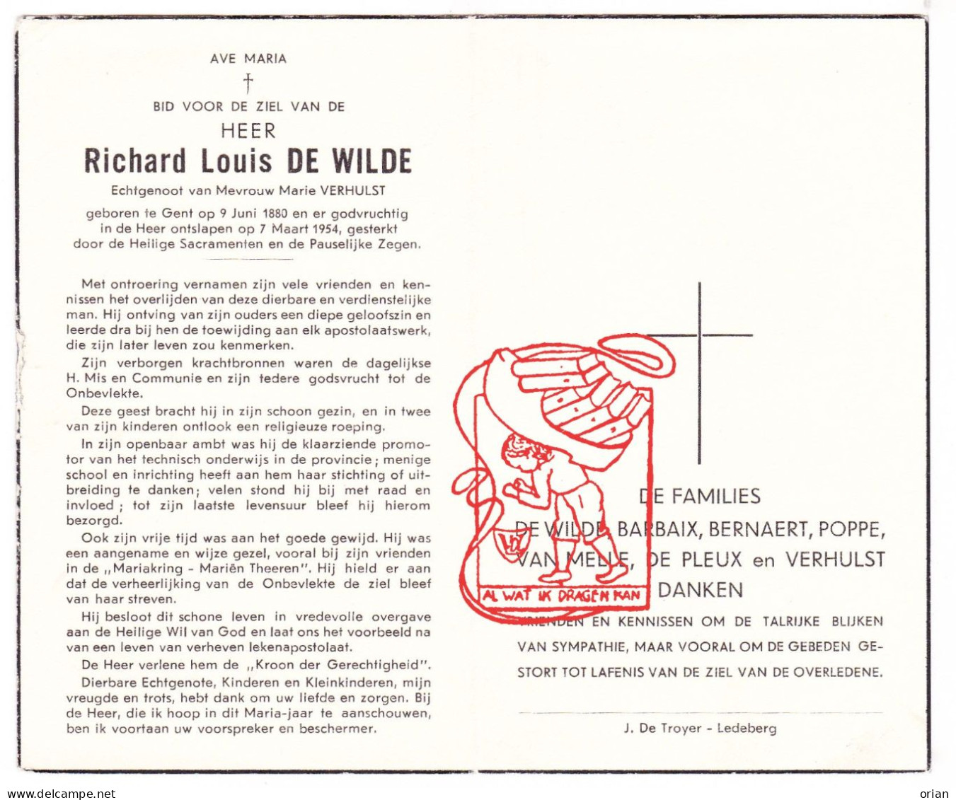 DP Richard Louis De Wilde ° Gent 1880 † 1954 X Marie Verhulst // Barbaix Poppe Van Melle De Pleux - Images Religieuses