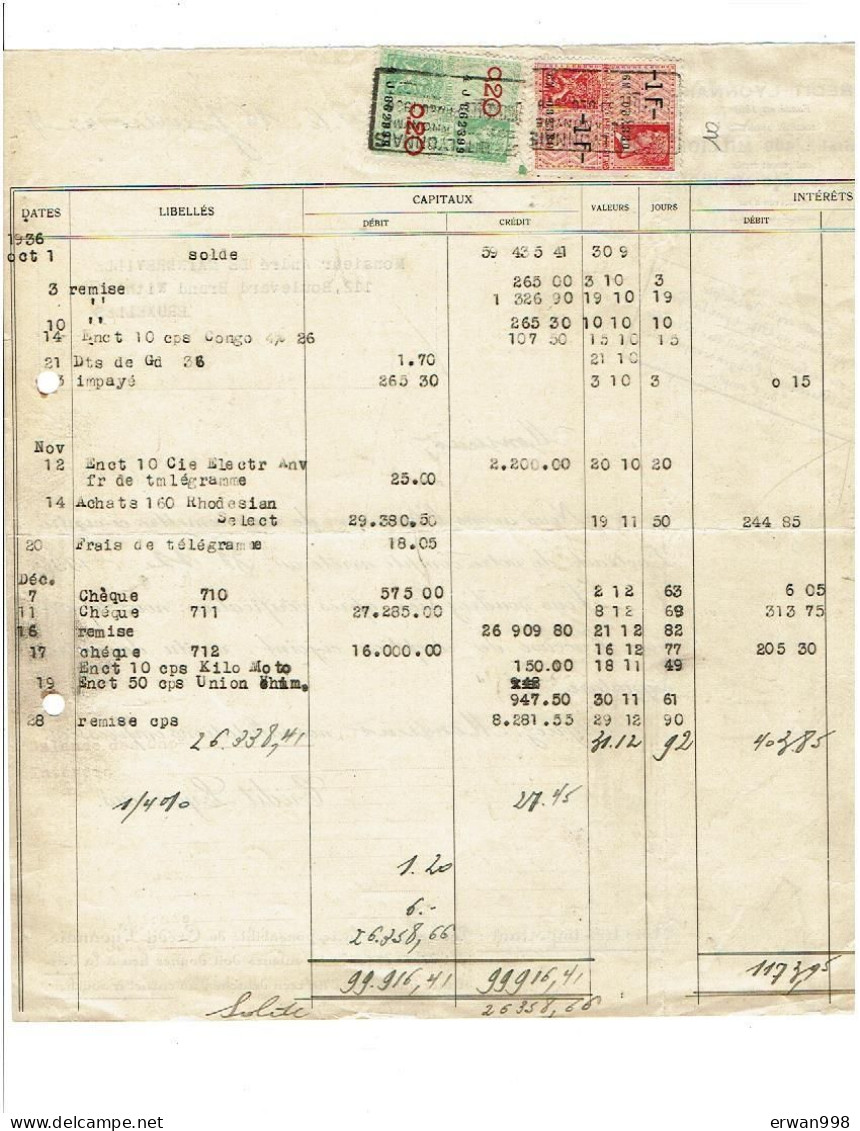 BRUXELLES CREDIT LYONNAIS Relevé De Compte Avec Timbres Fiscaux  Du 15/01/1937   (1072) - 1900 – 1949