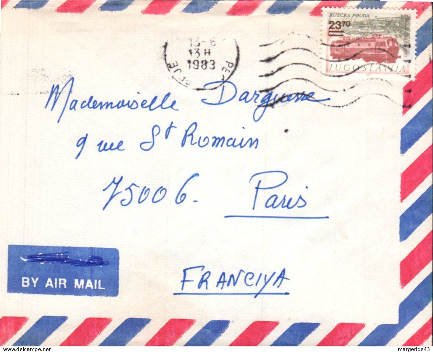 YOUGOSLAVIE SEUL SUR LETTRE POUR LA FRANCE 1983 - Lettres & Documents