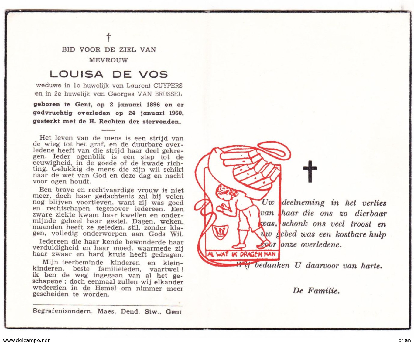 DP Louisa De Vos ° Gent 1896 † 1960 X Laurent Cuypers Xx Georges Van Brussel - Images Religieuses