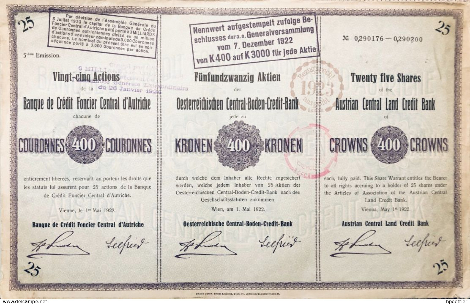 Vienne 1922: Banque De Credit Foncier Central D'Autriche - Vingt-cinq Actions  - III. Emission - Banco & Caja De Ahorros