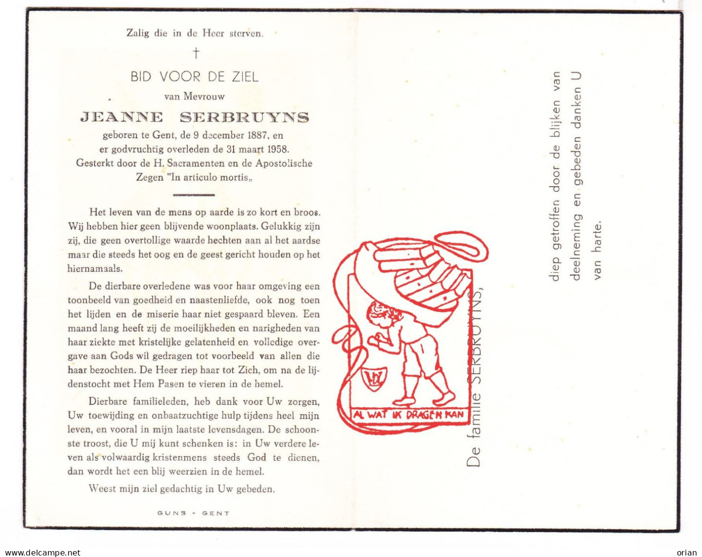 DP Juff. Jeanne Serbruyns ° Gent 1887 † 1958 - Images Religieuses