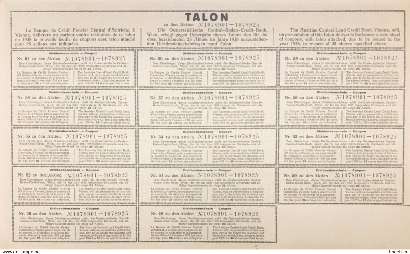 Vienne 1924: Banque De Credit Foncier Central D'Autriche - Vingt-cinq Actions  - V. Emission - Banca & Assicurazione