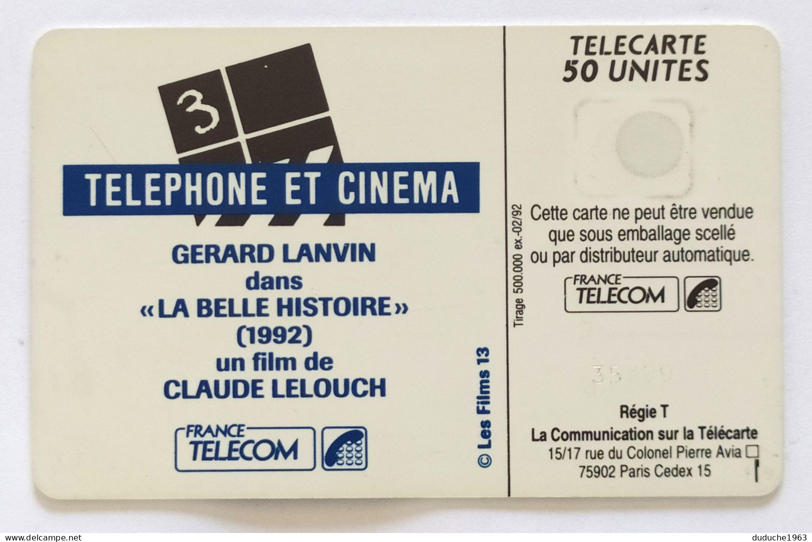 Télécarte France - Téléphone Et Cinéma - Gérard Lanvin - Unclassified