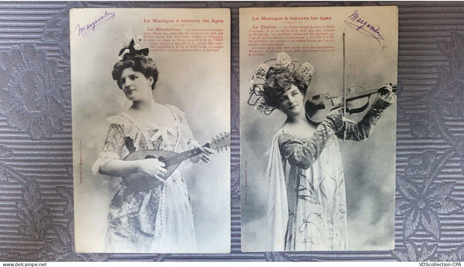 2 CPA BERGERET - LA MUSIQUE A TRAVERS LES AGES - LE VIOLON - LA MANDOLINE - Bergeret